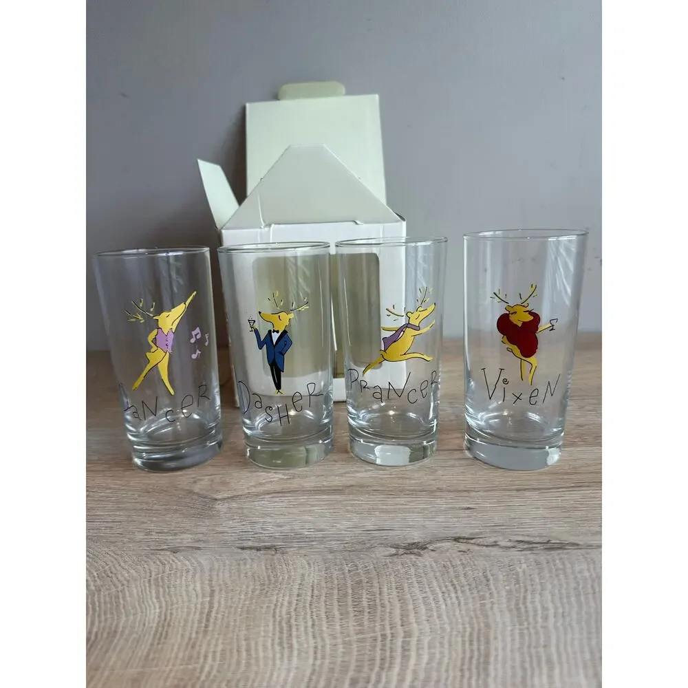 Pottery Barn Set of 4 Reindeer Tumbler Glasses Holiday Christmas Set A
